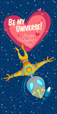 Vector illustration in flat style about outer space. Planets in the univers. Happy valentines day greeting cardのイラスト素材