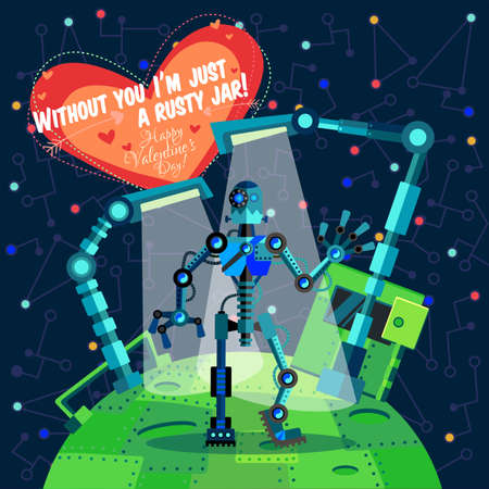 Vector illustration in flat style about outer space and robot. Planets in the univers. Greeting cardのイラスト素材