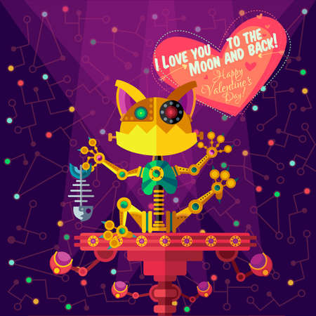 Vector illustration in flat style about outer space and robot. Planets in the univers. Greeting cardのイラスト素材