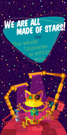 Vector illustration in flat style about outer space and robot. Planets in the univers. Greeting cardのイラスト素材