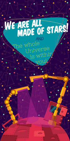 Vector illustration in flat style about outer space and robot. Planets in the univers. Greeting cardのイラスト素材