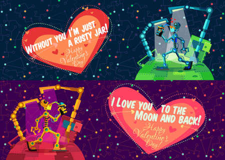 illustration in flat style about outer space and robot. Planets in the univers. Greeting cardのイラスト素材