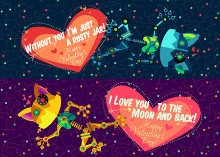 illustration in flat style about outer space and robot. Planets in the univers. Greeting cardのイラスト素材