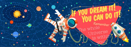 Vector illustration in flat style about outer space. Planets in the universe. Greeting cardのイラスト素材