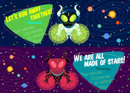 Vector illustration in flat style about outer space. Planets in the universe. Greeting cardのイラスト素材