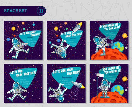 Vector illustrations in flat style about outer space. Planets in the universe. Greeting cards setのイラスト素材