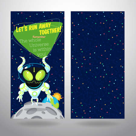 Vector illustration in flat style about outer space. Planets in the univers. Greeting cardのイラスト素材