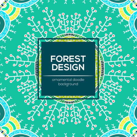 Vector nature seamless pattern with forest. Vector round mandala in childish style. Ornamental doodle backgrund.のイラスト素材