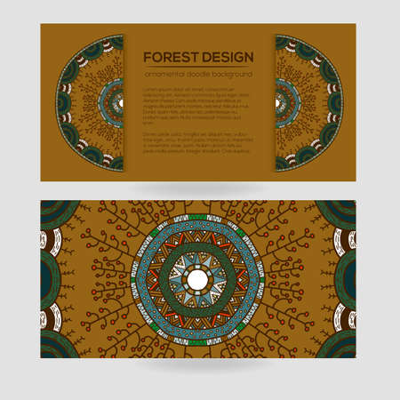 Vector nature seamless pattern with forest. Vector round mandala in childish style. Ornamental doodle backgrund.のイラスト素材