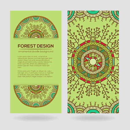 Vector nature seamless pattern with forest. Vector round mandala in childish style. Ornamental doodle backgrund.のイラスト素材