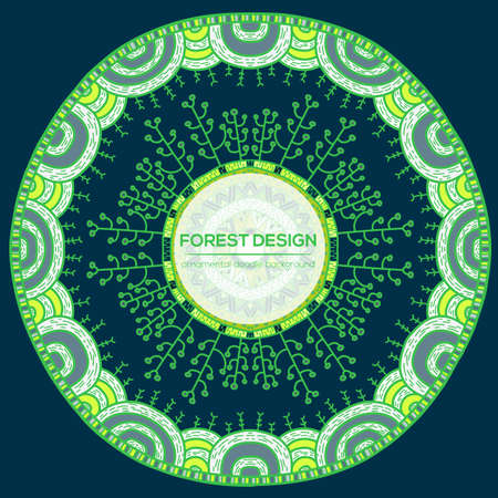 Vector nature seamless pattern with forest. Vector round mandala in childish style. Ornamental doodle backgrund.のイラスト素材