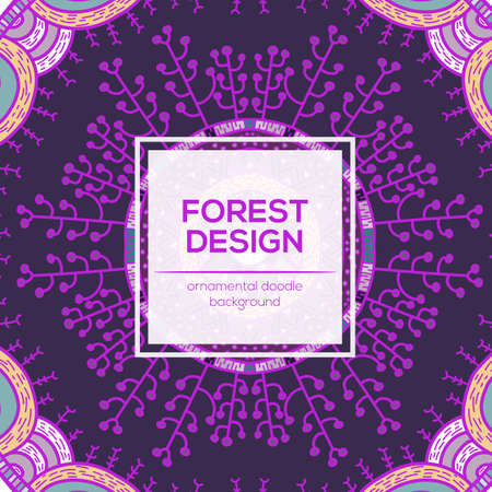 Vector nature seamless pattern with forest. Vector round mandala in childish style. Ornamental doodle backgrund.のイラスト素材