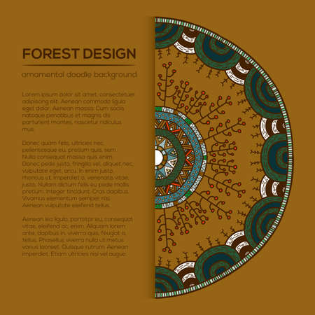Vector nature seamless pattern with forest. Vector round mandala in childish style. Ornamental doodle backgrund.のイラスト素材