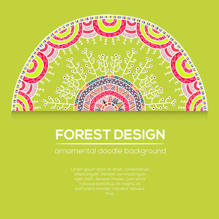 Vector nature seamless pattern with forest. Vector round mandala in childish style. Ornamental doodle backgrund.のイラスト素材