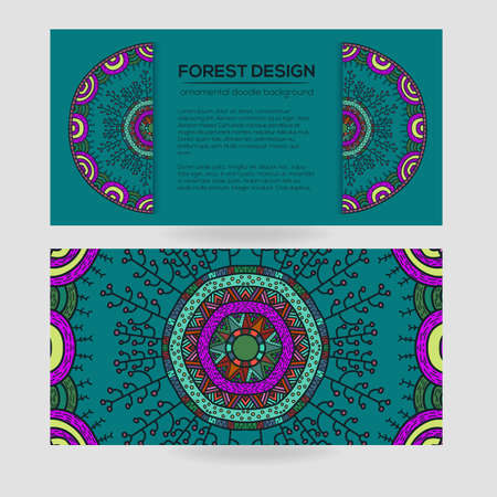 Vector nature seamless pattern with forest. Vector round mandala in childish style. Ornamental doodle backgrund.のイラスト素材