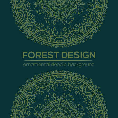 Vector round mandala design in childish style with forest and foxes. Nature print in doodle style.のイラスト素材