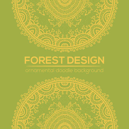 Vector round mandala design in childish style with forest and foxes. Nature print in doodle style.のイラスト素材
