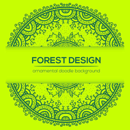 Vector round mandala design in childish style with forest and foxes. Nature print in doodle style.のイラスト素材