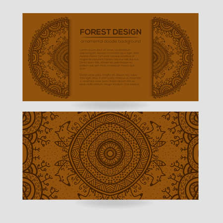 Vector round mandala design in childish style with forest and foxes. Nature print in doodle style.のイラスト素材