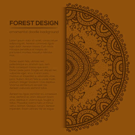 Vector round mandala design in childish style with forest and foxes. Nature print in doodle style.のイラスト素材