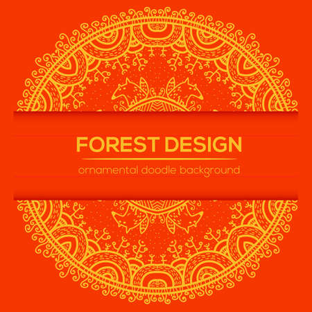 Vector round mandala design in childish style with forest and foxes. Nature print in doodle style.のイラスト素材