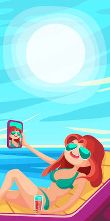 Summer Holidays background. Vector Illustration about Girl on beach. Selfie.のイラスト素材
