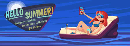 Summer Holidays background. Vector Illustration about Girl on beach. Selfie. Vacation on the sea. Summer night.のイラスト素材