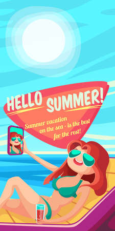 Summer Holidays background. Vector Illustration about Girl on beach. Selfie. Vacation on the sea.のイラスト素材