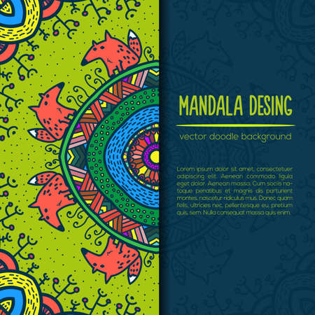 Vector mandala decor for your design with abstract ornament about forest and foxes.. Vector vintage business card. Oriental design Layout. Islam, Arabic, Indian, ottoman motifs.のイラスト素材