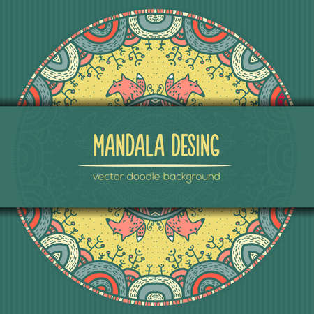 Vector mandala decor for your design with abstract ornament about forest and foxes.. Vector vintage business card. Oriental design Layout. Islam, Arabic, Indian, ottoman motifs.のイラスト素材