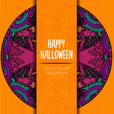Hand drawn tribal bat in the forest for Happy Halloween card. Vector illustration with oriental ornaments. Doode art wild nature.のイラスト素材