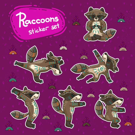 Cute hand drawn tribal racoon doing yoga position, fitness or gymnastic. Vector stikers. Nature ornament illustration.のイラスト素材