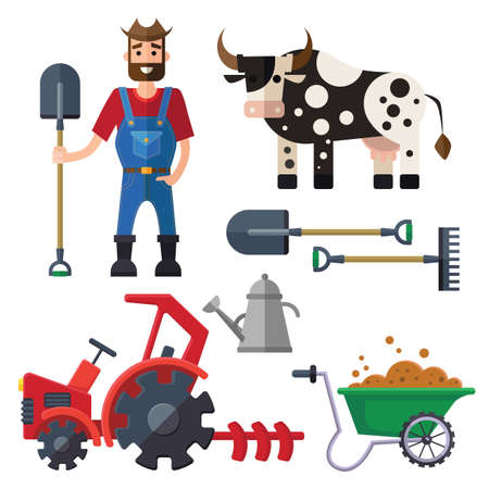 Vector flat farm set with farmer, shovel, rake, tractor, watering can, truck, cow.のイラスト素材