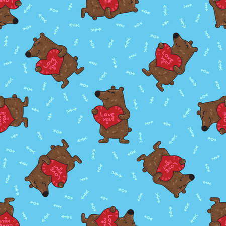 Cute doodle tribal seamless pattern with bears. Vector background for Valentine day. Wrapping paper.のイラスト素材