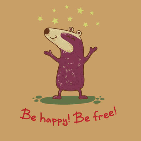 Cute doodle tribal illustration with badger. Vector background. Craft greeting card. Be happy and freeのイラスト素材