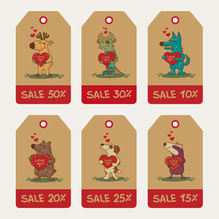 Craft doodle tribal labels with animals. Vector sale price for Valentine day.のイラスト素材