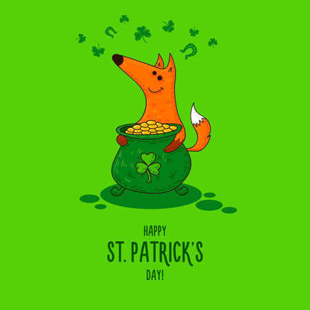 Saint Patrick's Day card with fox and Irish symbols Vector doodle illustration.のイラスト素材