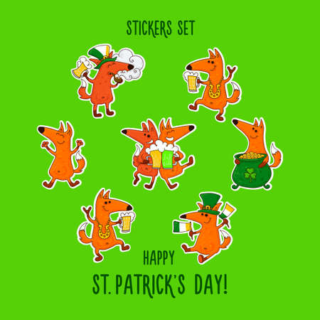 Saint Patrick's Day stickers set with foxes and irish symbols. Vector doodle illustration.のイラスト素材