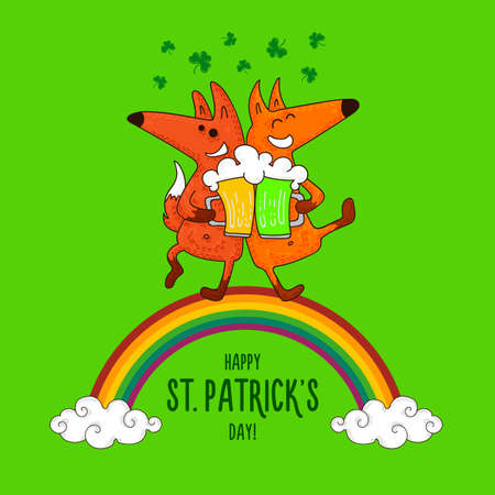 Saint Patrick's Day card with foxes and Irish symbols Vector doodle illustration.のイラスト素材