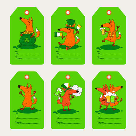 Saint Patrick's Day card with foxes and Irish symbols Vector doodle illustration setのイラスト素材
