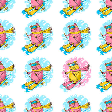 Vector seamless pattern for New Year and Christmas with Pigs. Pigs are skiing. Winter greeting design.のイラスト素材
