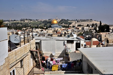 View of the old city of Jerusalem Israel seen from the roofs is the temple mount as the golden dome