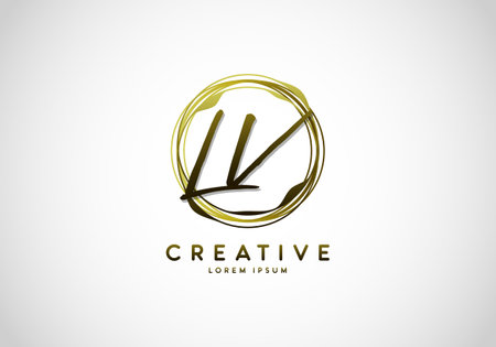 Initial LV Handwriting Stylish Signature, Circle Abstract Gold, Template Logo Vector.のイラスト素材