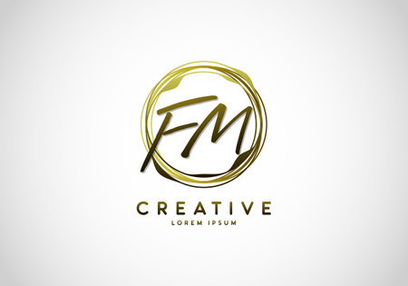 Initial FM Handwriting Stylish Signature, Circle Abstract Gold, Template Logo Vector.のイラスト素材
