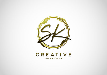 Initial SK Handwriting Stylish Signature, Circle Abstract Gold, Template Logo Vector.のイラスト素材