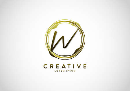 Initial Letter W Handwriting Stylish Signature, Circle Abstract Gold, Template Logo Vector.のイラスト素材