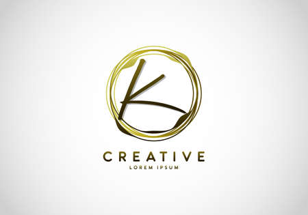 Initial Letter K Handwriting Stylish Signature, Circle Abstract Gold, Template Logo Vector.のイラスト素材