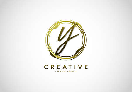 Initial Letter Y Handwriting Stylish Signature, Circle Abstract Gold, Template Logo Vector.のイラスト素材