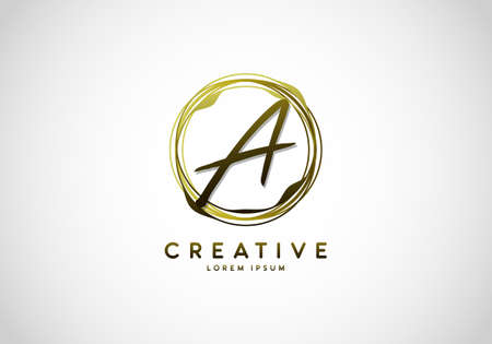 Initial Letter A Handwriting Stylish Signature, Circle Abstract Gold, Template Logo Vector.のイラスト素材