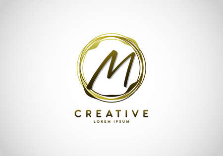 Initial Letter M Handwriting Stylish Signature, Circle Abstract Gold, Template Logo Vector.のイラスト素材